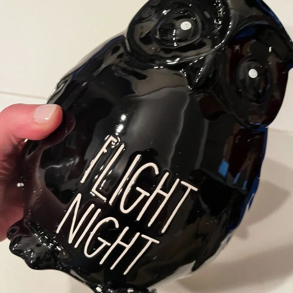 Rae Dunn FLIGHT NIGHT Black Owl Ceramic Figure Halloween Fall Decor NIB Magenta‎